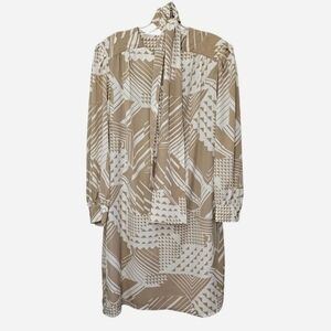 Studio Collection tan & cream geometric print dress with scarf collar Size 14